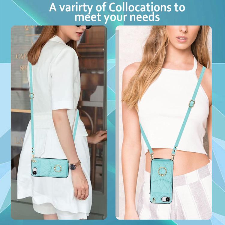For iPhone 17e / 16e Rhombic Texture Card Bag Phone Case with Long Lanyard