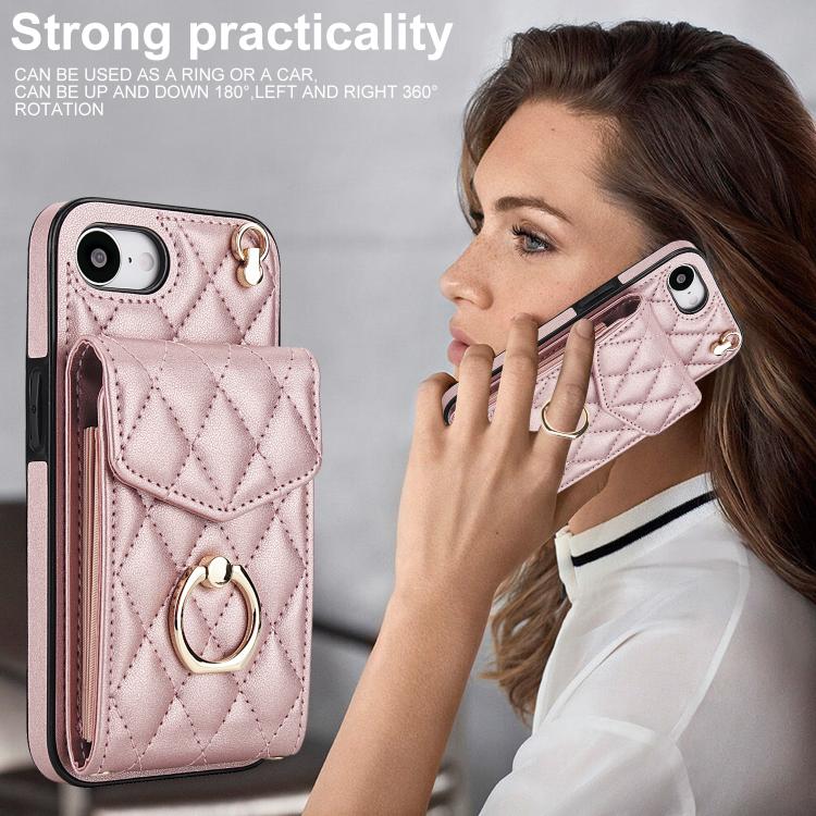 For iPhone 17e / 16e Rhombic Texture Card Bag Phone Case with Long Lanyard