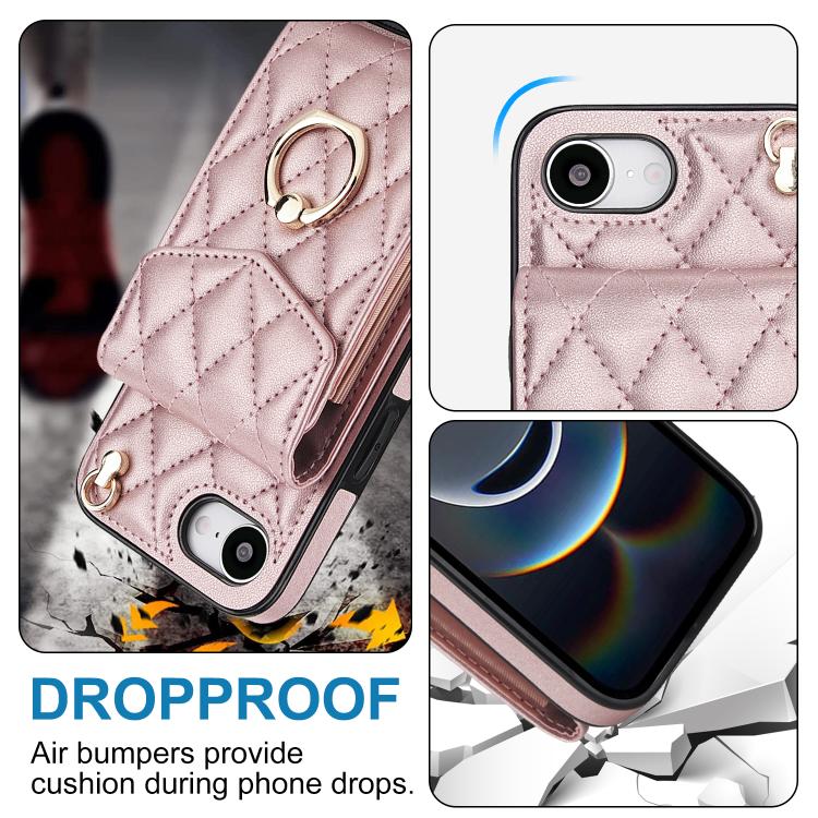 For iPhone 17e / 16e Rhombic Texture Card Bag Phone Case with Long Lanyard