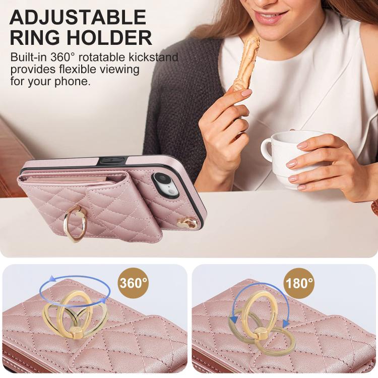 For iPhone 17e / 16e Rhombic Texture Card Bag Phone Case with Long Lanyard