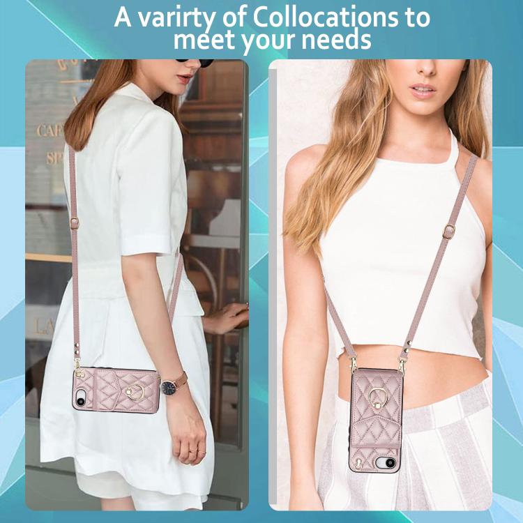 For iPhone 17e / 16e Rhombic Texture Card Bag Phone Case with Long Lanyard