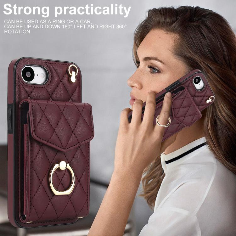 For iPhone 17e / 16e Rhombic Texture Card Bag Phone Case with Long Lanyard