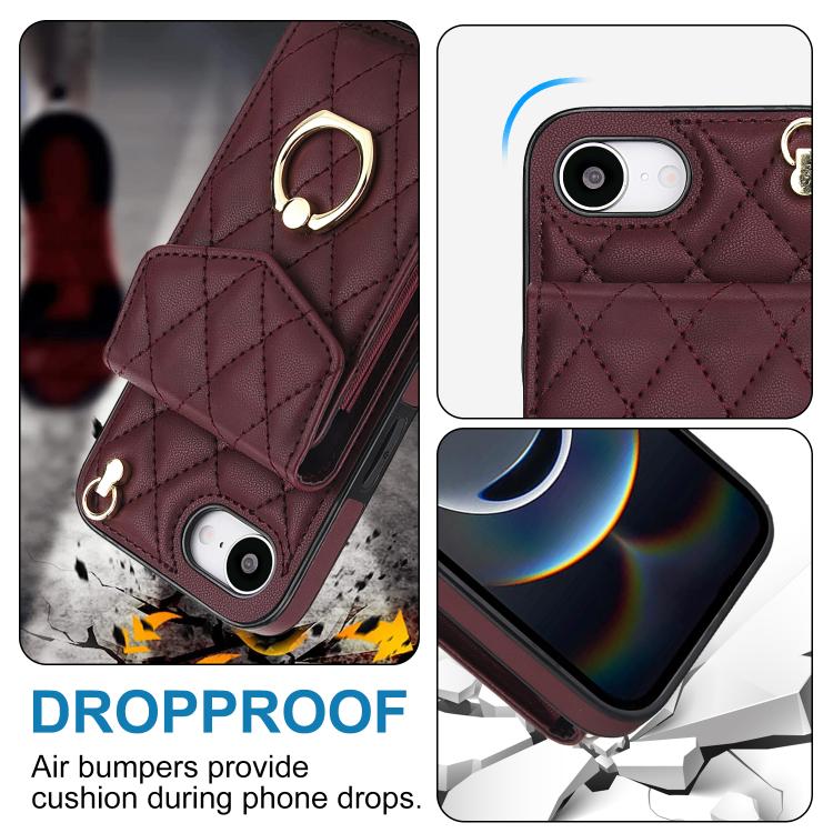For iPhone 17e / 16e Rhombic Texture Card Bag Phone Case with Long Lanyard