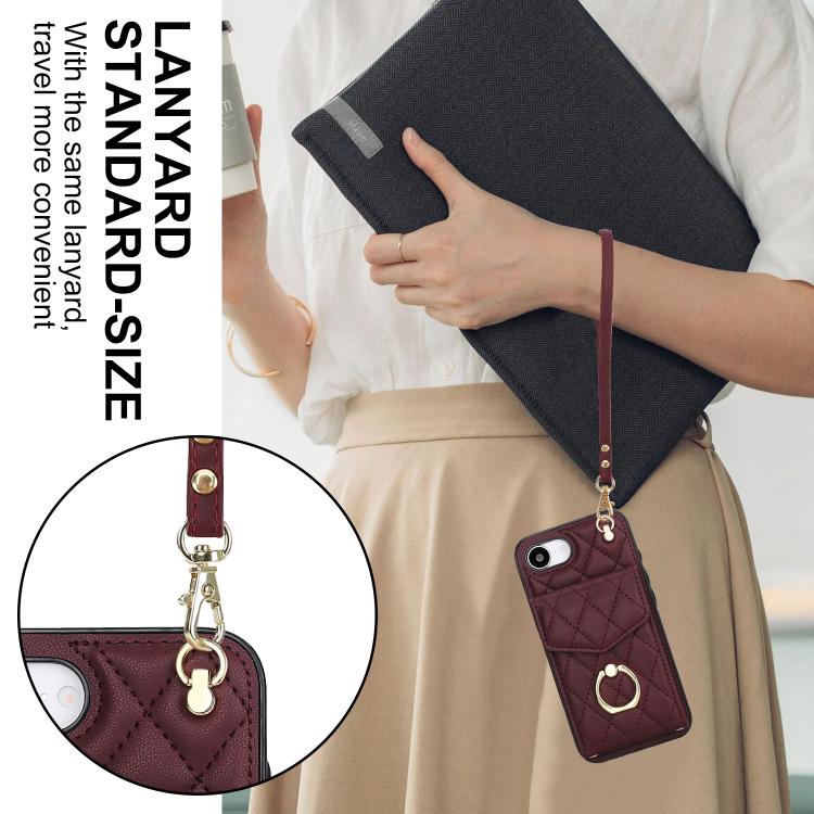 For iPhone 17e / 16e Rhombic Texture Card Bag Phone Case with Long Lanyard