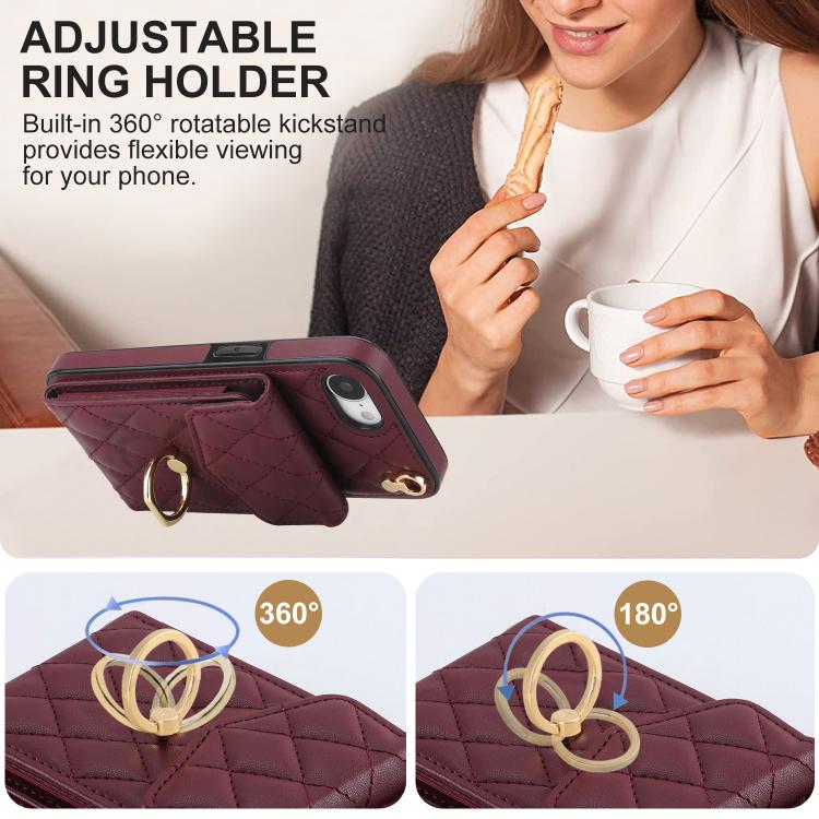 For iPhone 17e / 16e Rhombic Texture Card Bag Phone Case with Long Lanyard
