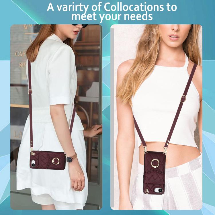 For iPhone 17e / 16e Rhombic Texture Card Bag Phone Case with Long Lanyard