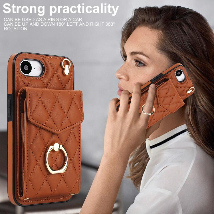 For iPhone 17e / 16e Rhombic Texture Card Bag Phone Case with Long Lanyard