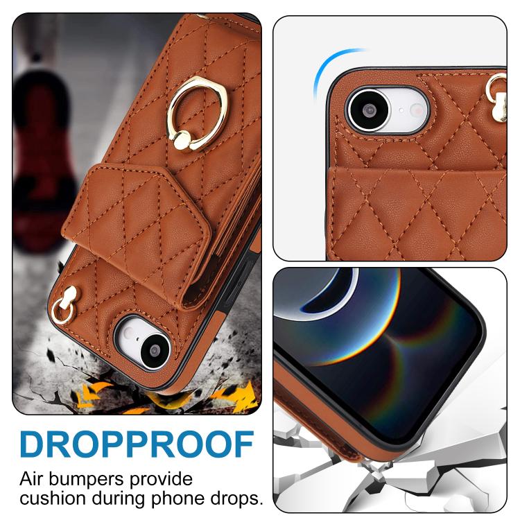 For iPhone 17e / 16e Rhombic Texture Card Bag Phone Case with Long Lanyard