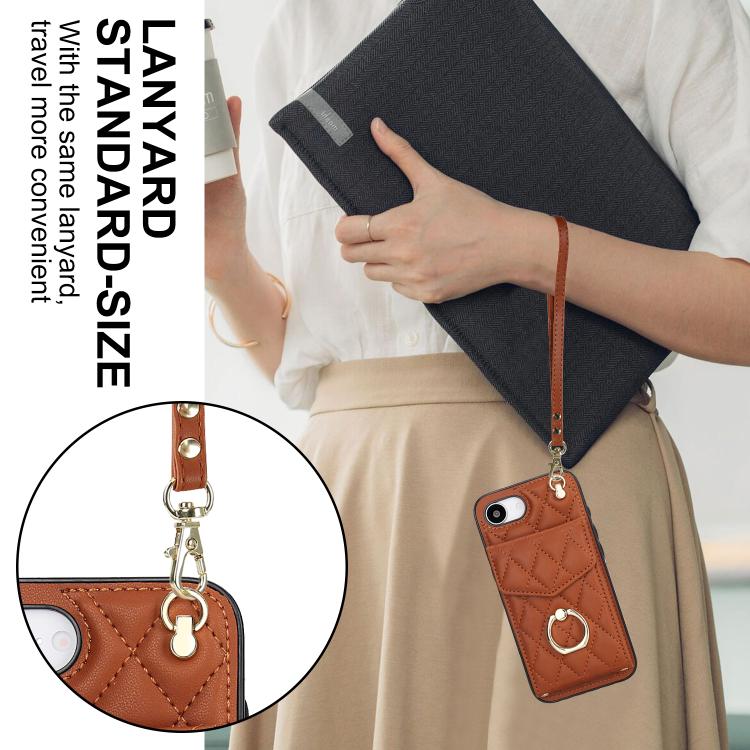 For iPhone 17e / 16e Rhombic Texture Card Bag Phone Case with Long Lanyard