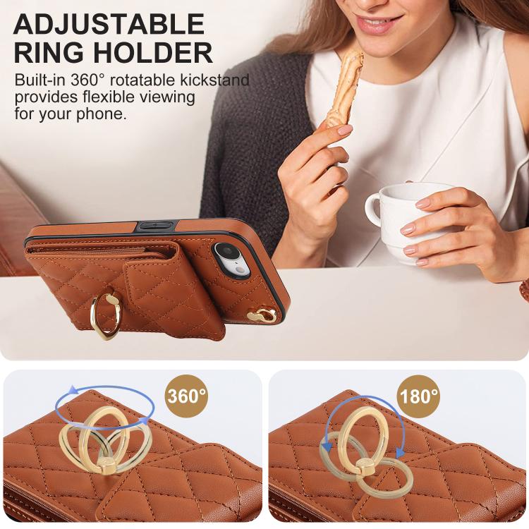 For iPhone 17e / 16e Rhombic Texture Card Bag Phone Case with Long Lanyard