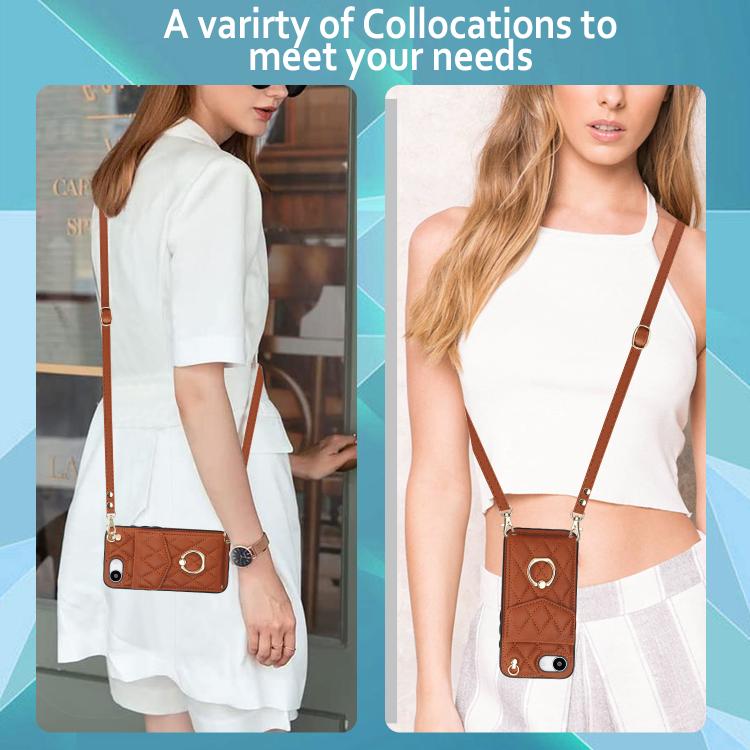 For iPhone 17e / 16e Rhombic Texture Card Bag Phone Case with Long Lanyard