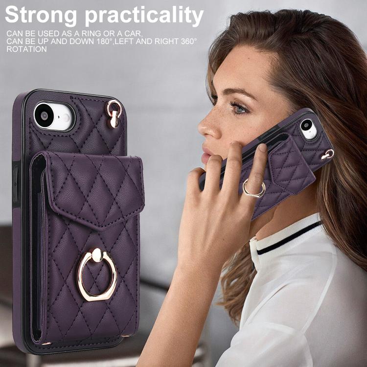 For iPhone 17e / 16e Rhombic Texture Card Bag Phone Case with Long Lanyard