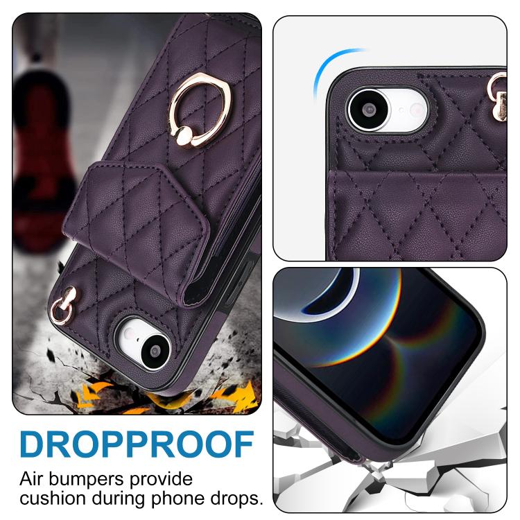 For iPhone 17e / 16e Rhombic Texture Card Bag Phone Case with Long Lanyard