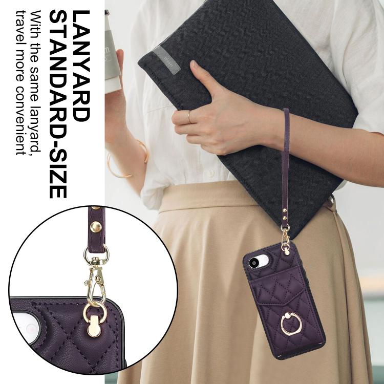 For iPhone 17e / 16e Rhombic Texture Card Bag Phone Case with Long Lanyard