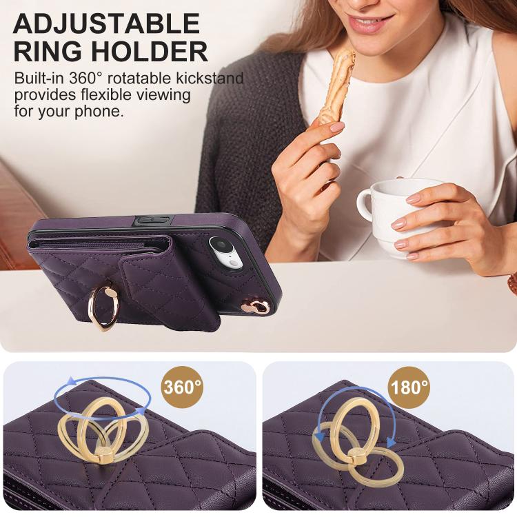 For iPhone 17e / 16e Rhombic Texture Card Bag Phone Case with Long Lanyard