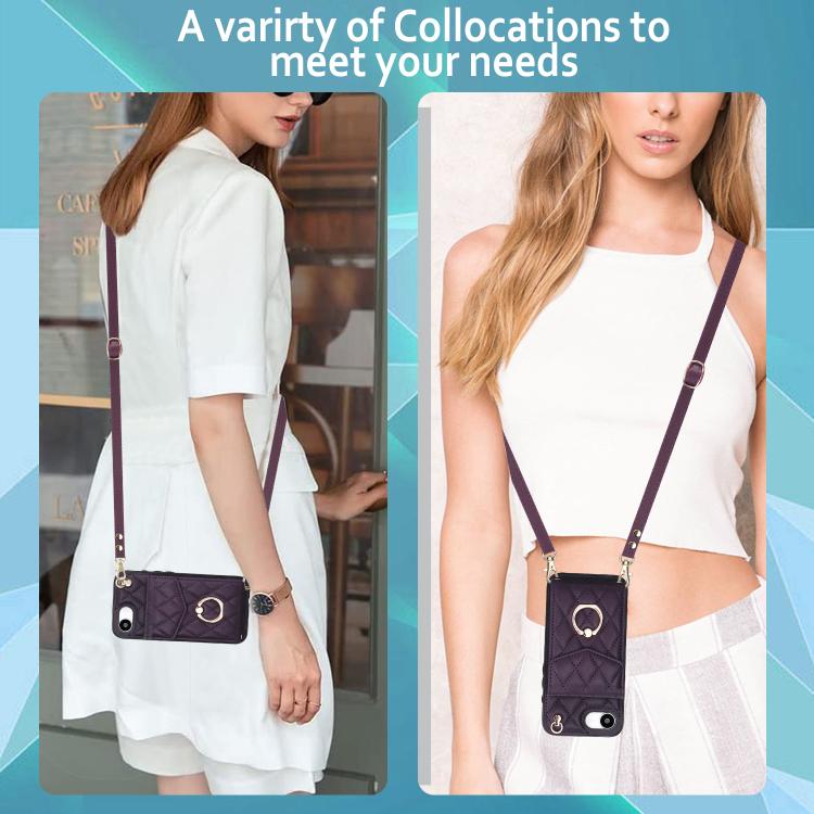 For iPhone 17e / 16e Rhombic Texture Card Bag Phone Case with Long Lanyard