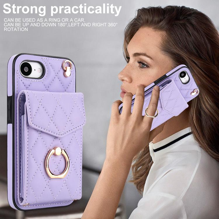 For iPhone 17e / 16e Rhombic Texture Card Bag Phone Case with Long Lanyard