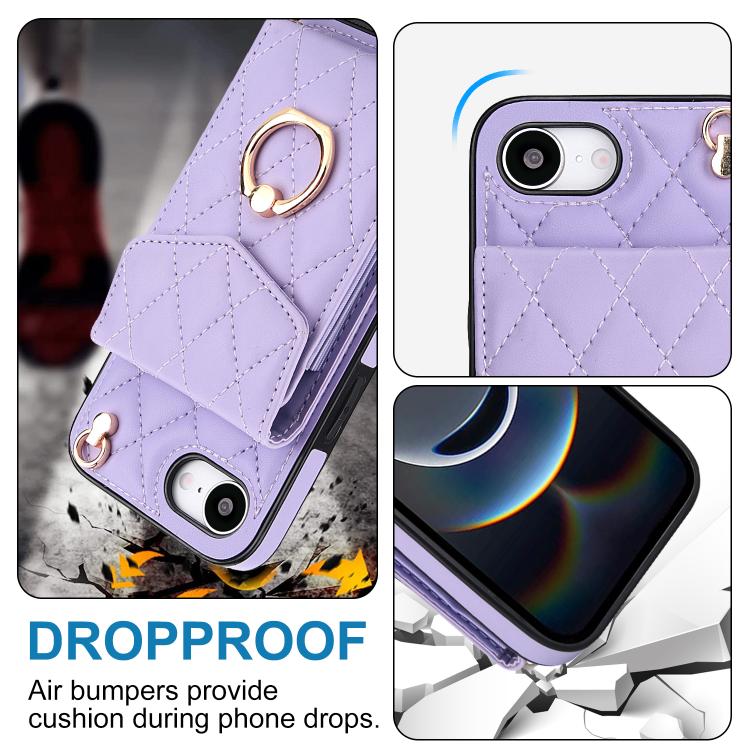For iPhone 17e / 16e Rhombic Texture Card Bag Phone Case with Long Lanyard