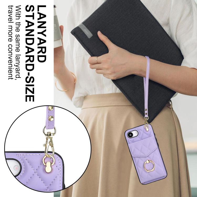 For iPhone 17e / 16e Rhombic Texture Card Bag Phone Case with Long Lanyard