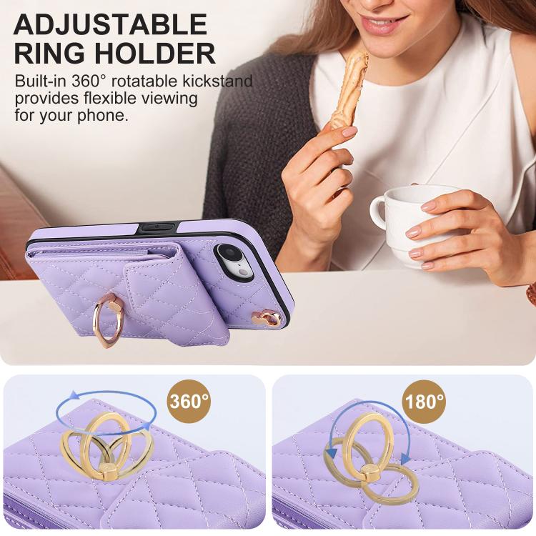 For iPhone 17e / 16e Rhombic Texture Card Bag Phone Case with Long Lanyard