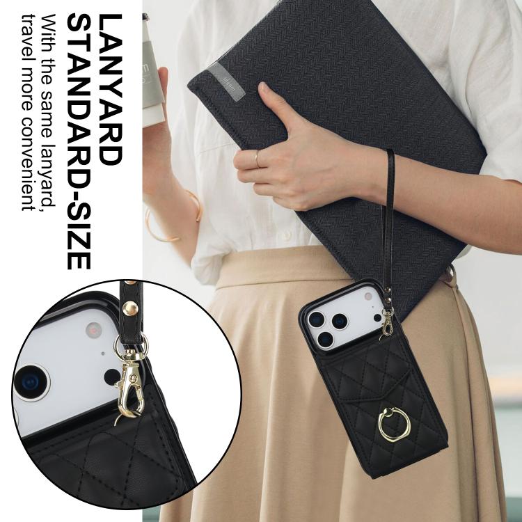 For iPhone 17 Pro Max Rhombic Texture Card Bag Phone Case with Long Lanyard