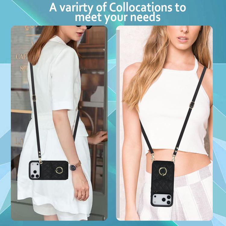 For iPhone 17 Pro Max Rhombic Texture Card Bag Phone Case with Long Lanyard