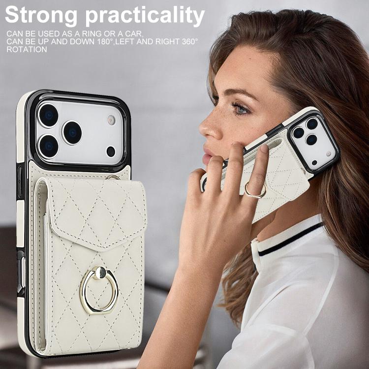 For iPhone 17 Pro Max Rhombic Texture Card Bag Phone Case with Long Lanyard