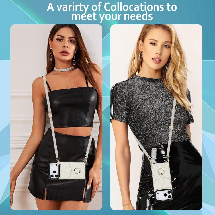 For iPhone 17 Pro Max Rhombic Texture Card Bag Phone Case with Long Lanyard