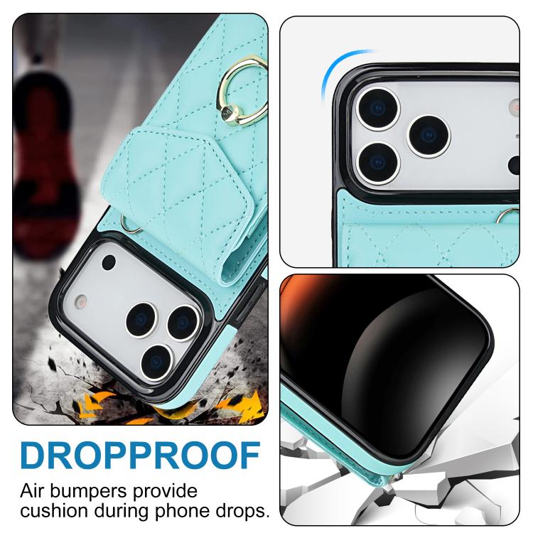 For iPhone 17 Pro Max Rhombic Texture Card Bag Phone Case with Long Lanyard