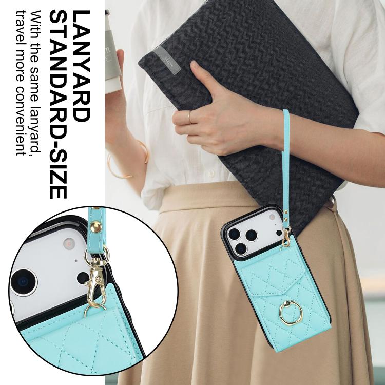 For iPhone 17 Pro Max Rhombic Texture Card Bag Phone Case with Long Lanyard