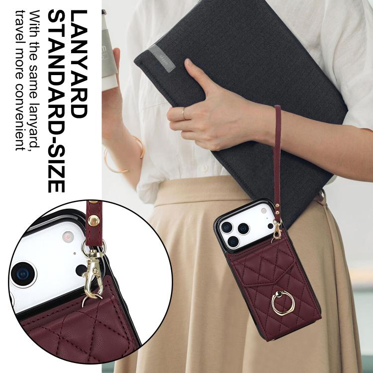 For iPhone 17 Pro Max Rhombic Texture Card Bag Phone Case with Long Lanyard