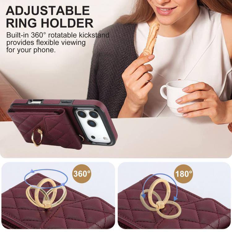 For iPhone 17 Pro Max Rhombic Texture Card Bag Phone Case with Long Lanyard