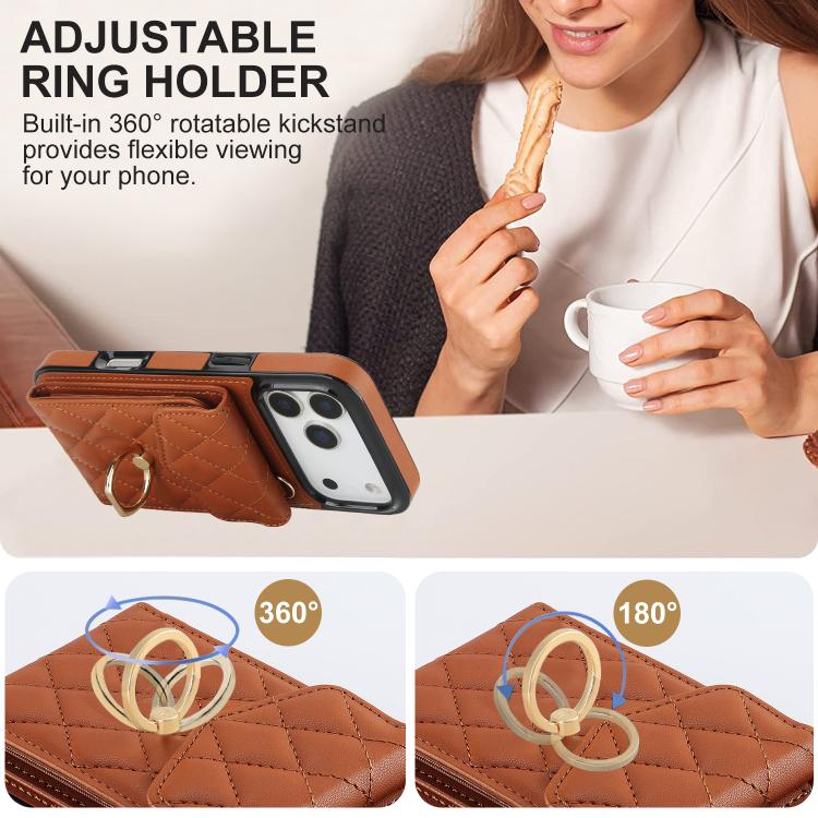 For iPhone 17 Pro Max Rhombic Texture Card Bag Phone Case with Long Lanyard
