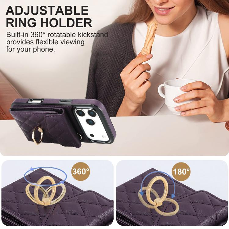 For iPhone 17 Pro Max Rhombic Texture Card Bag Phone Case with Long Lanyard