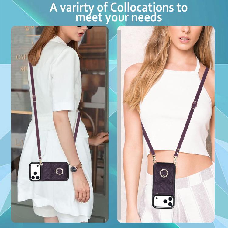 For iPhone 17 Pro Max Rhombic Texture Card Bag Phone Case with Long Lanyard