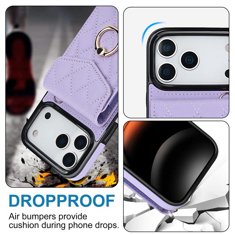 For iPhone 17 Pro Max Rhombic Texture Card Bag Phone Case with Long Lanyard