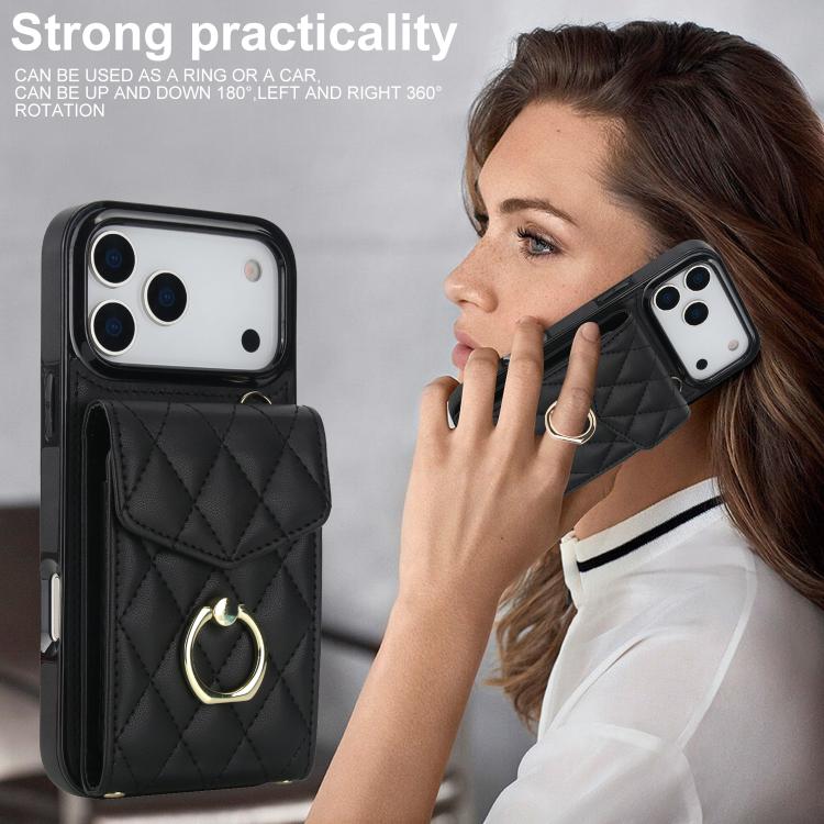 For iPhone 17 Pro Rhombic Texture Card Bag Phone Case with Long Lanyard