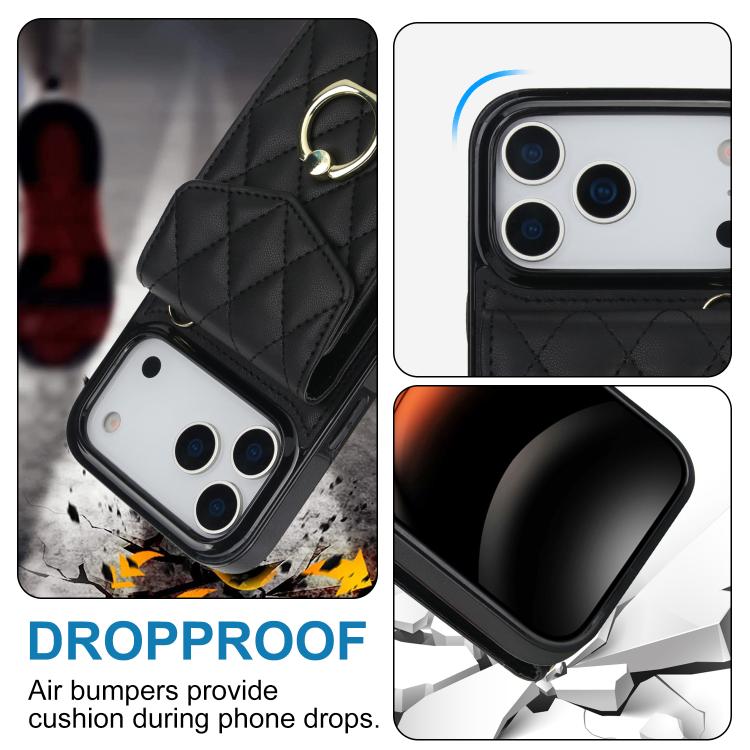 For iPhone 17 Pro Rhombic Texture Card Bag Phone Case with Long Lanyard