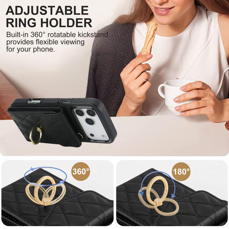For iPhone 17 Pro Rhombic Texture Card Bag Phone Case with Long Lanyard