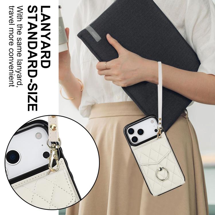 For iPhone 17 Pro Rhombic Texture Card Bag Phone Case with Long Lanyard