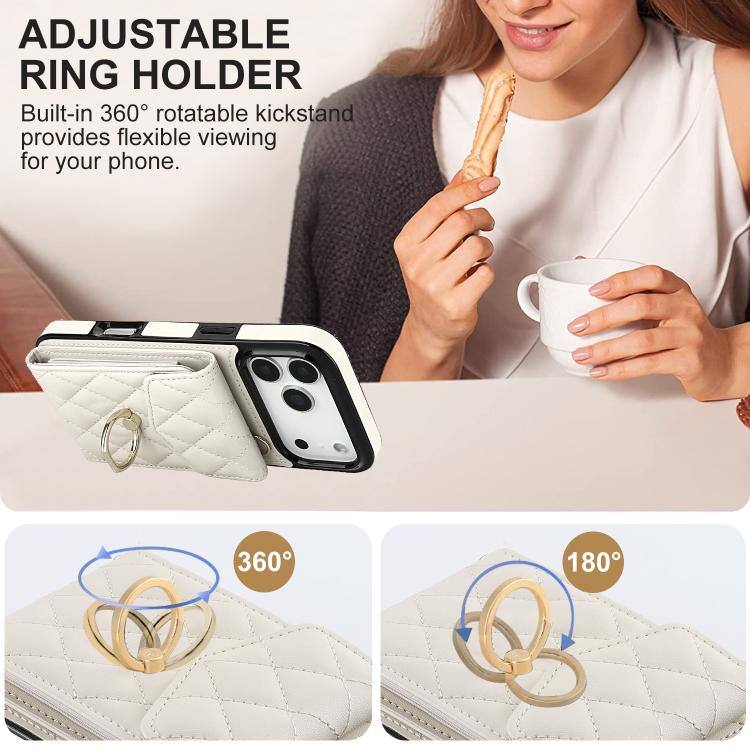 For iPhone 17 Pro Rhombic Texture Card Bag Phone Case with Long Lanyard