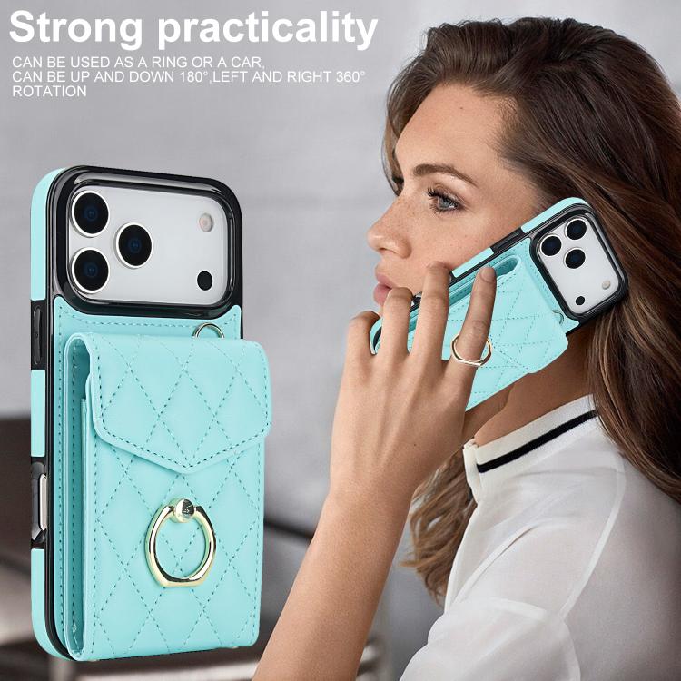 For iPhone 17 Pro Rhombic Texture Card Bag Phone Case with Long Lanyard