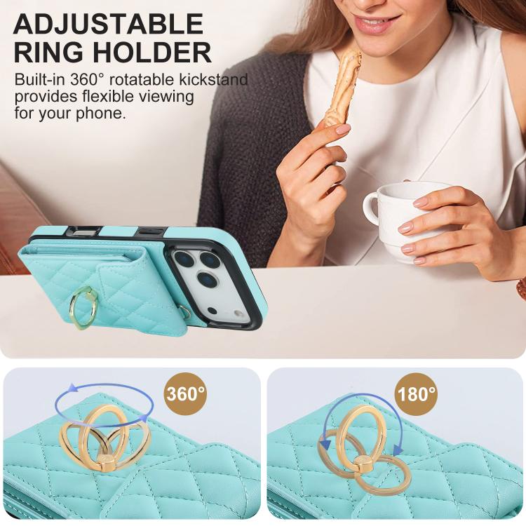 For iPhone 17 Pro Rhombic Texture Card Bag Phone Case with Long Lanyard