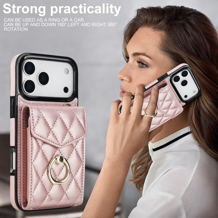 For iPhone 17 Pro Rhombic Texture Card Bag Phone Case with Long Lanyard