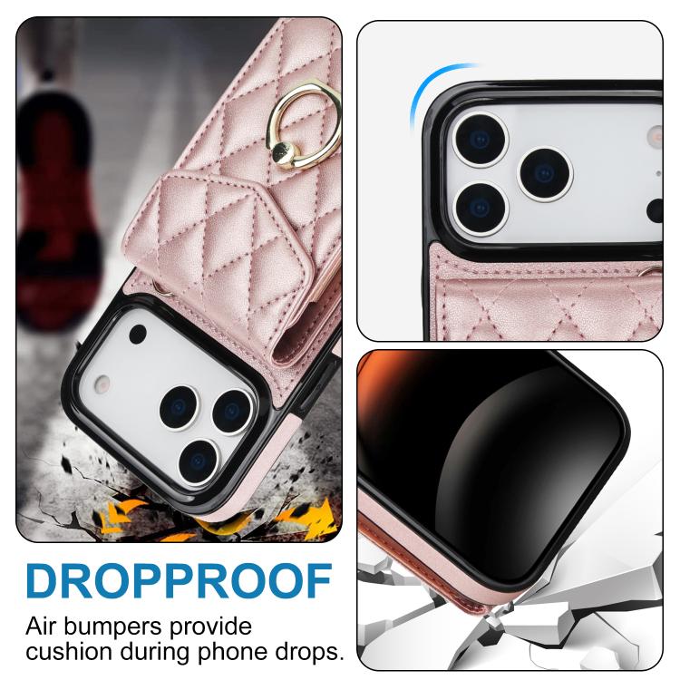For iPhone 17 Pro Rhombic Texture Card Bag Phone Case with Long Lanyard