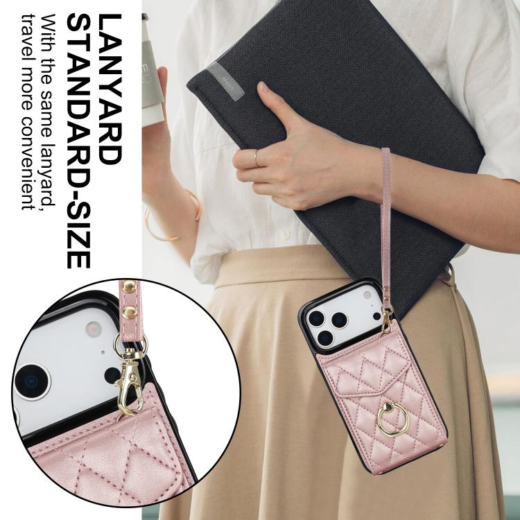 For iPhone 17 Pro Rhombic Texture Card Bag Phone Case with Long Lanyard