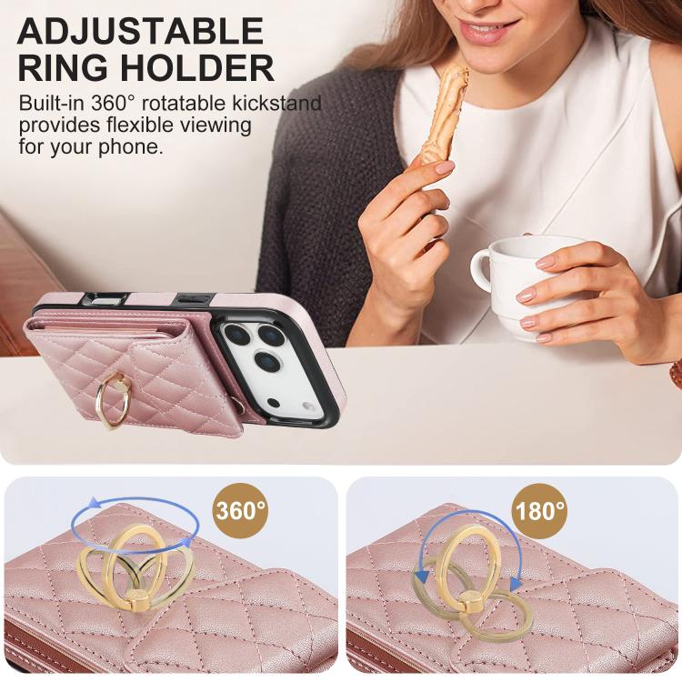 For iPhone 17 Pro Rhombic Texture Card Bag Phone Case with Long Lanyard