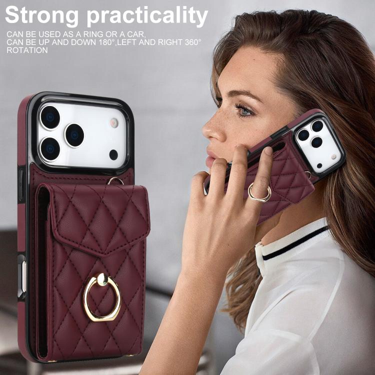 For iPhone 17 Pro Rhombic Texture Card Bag Phone Case with Long Lanyard
