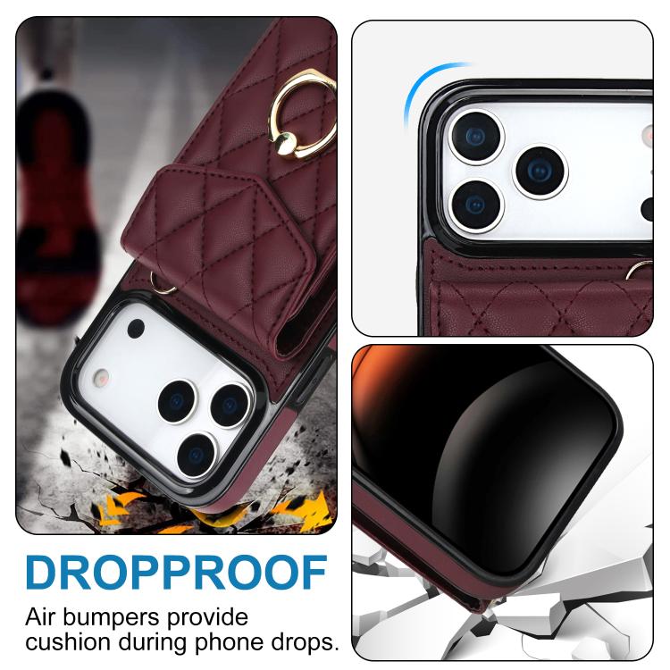For iPhone 17 Pro Rhombic Texture Card Bag Phone Case with Long Lanyard