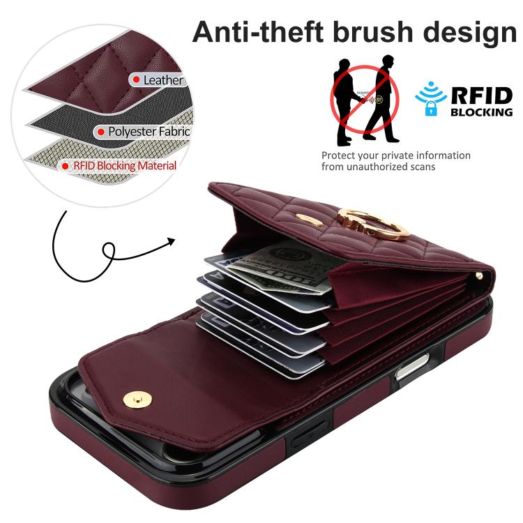For iPhone 17 Pro Rhombic Texture Card Bag Phone Case with Long Lanyard